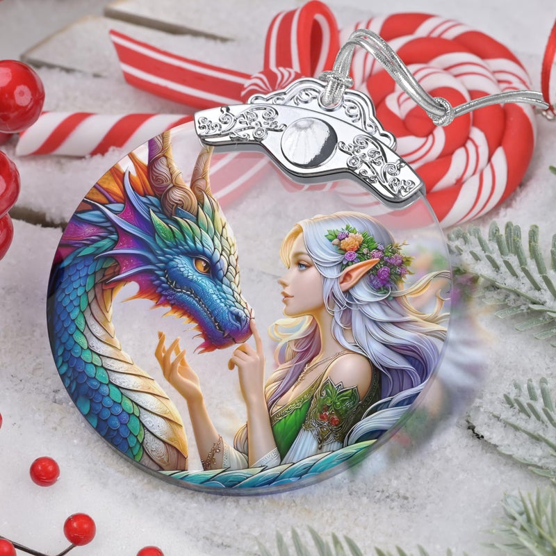 Jocidea Enchanted Elf & Dragon Ornament - Jocidea Christmas Ornaments - Stained Glass Hanging Decor - Christmas Tree Ornaments - Christmas Decoration - Gifts for Friends  Sisters - Gift Ornament - Image 3
