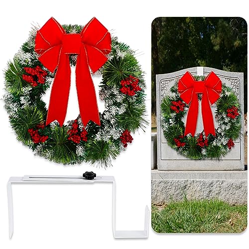 Hotop 2 Pcs Christmas Headstone Wreath Hanger Set for Cemetery Christmas Memorial Wreath for Grave Red Bowknot Natural Pine Cones Red Berries Wreath for Grave Marker Gravestone Decorations - Image 1