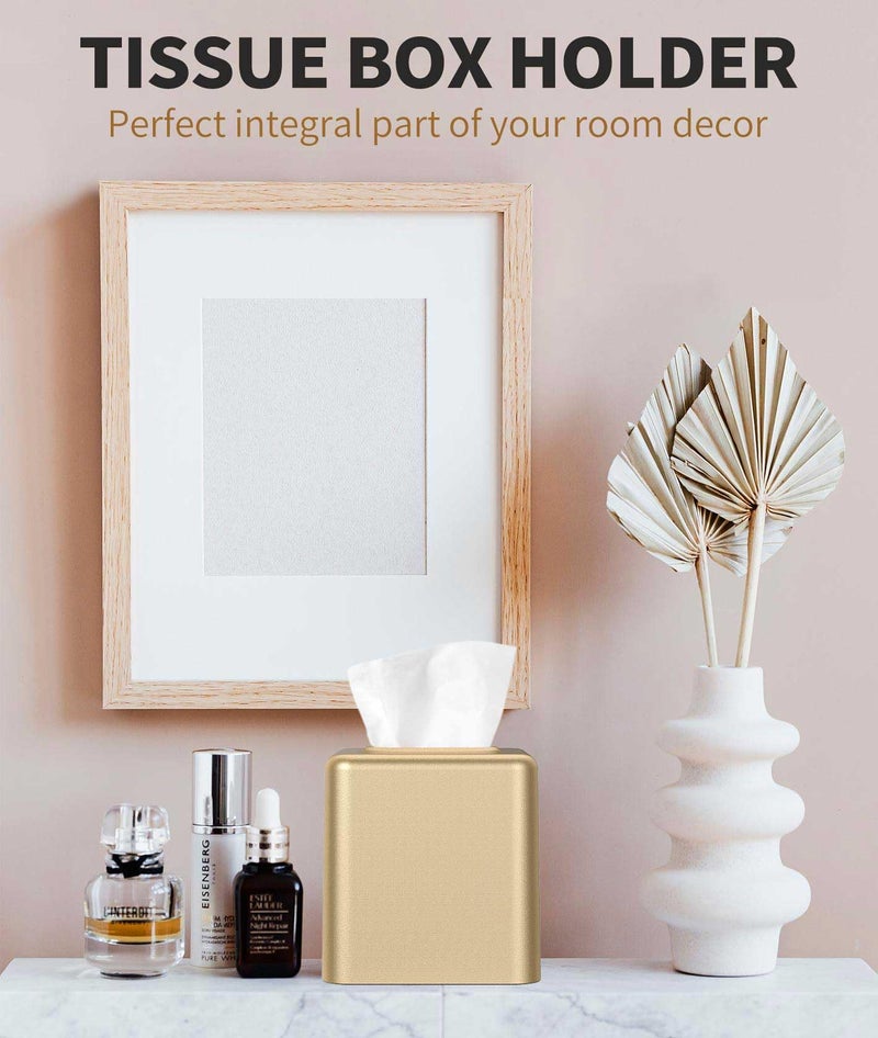 Livelab Tissue Box Cover, Square Metal Tissue Box Holder Modern Decor Facial Napkin Holder Tissue Box Dispenser for Bathroom Vanity Countertop, Living Room, Bedroom, Office - Gold - Image 2