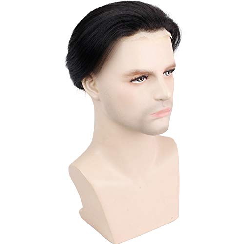Voloria Mens Toupee 8inch Hairpieces 100 European Virgin Human Hair Replacement System Hair Topper Pieces for Men Swiss Lace Net with PU Base Size 433x669 inch 1B Black Color - Image 2
