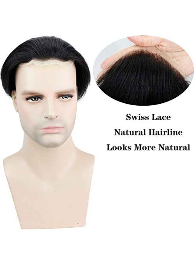 Voloria Mens Toupee 8inch Hairpieces 100 European Virgin Human Hair Replacement System Hair Topper Pieces for Men Swiss Lace Net with PU Base Size 433x669 inch 1B Black Color - Image 4