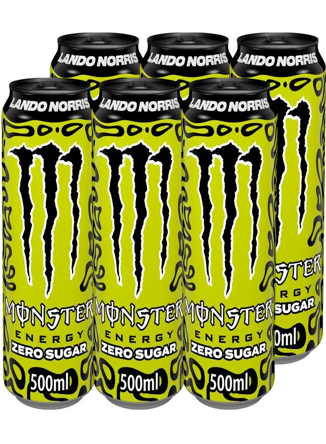 Monster Energy Lando Norris Edition Zero Sugar (Pack of 6) 500ml Each Can By COUGAR – Zero Sugar Energy Drink with Refreshing Taste, Carbonated Beverage with Caffeine & B Vitamins – Large Performance Drink for Workouts, Gaming & Long Days - (IMPORTED-UK) - Image 1