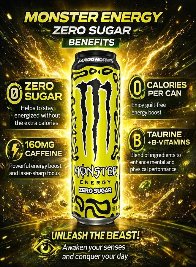 Monster Energy Lando Norris Edition Zero Sugar (Pack of 6) 500ml Each Can By COUGAR – Zero Sugar Energy Drink with Refreshing Taste, Carbonated Beverage with Caffeine & B Vitamins – Large Performance Drink for Workouts, Gaming & Long Days - (IMPORTED-UK) - Image 4