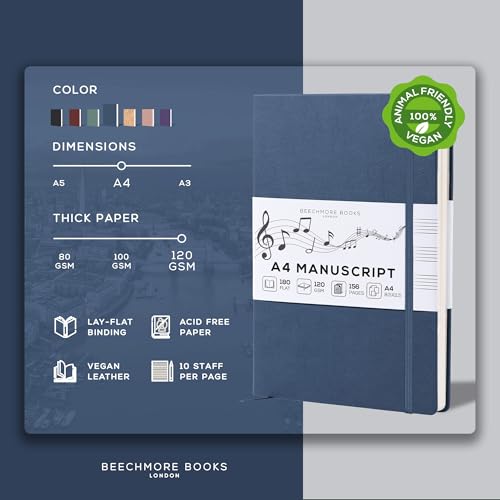BEECHMORE BOOKS Blank Sheet Music Notebook – A4 8.5x11.5 for Songwriters, Musicians & Composers, 156 Thick 120gsm Pages, 10-Staff Perforated Sheets, Vegan Leather Hardcover, Elastic Closure, Gift Box - Image 2