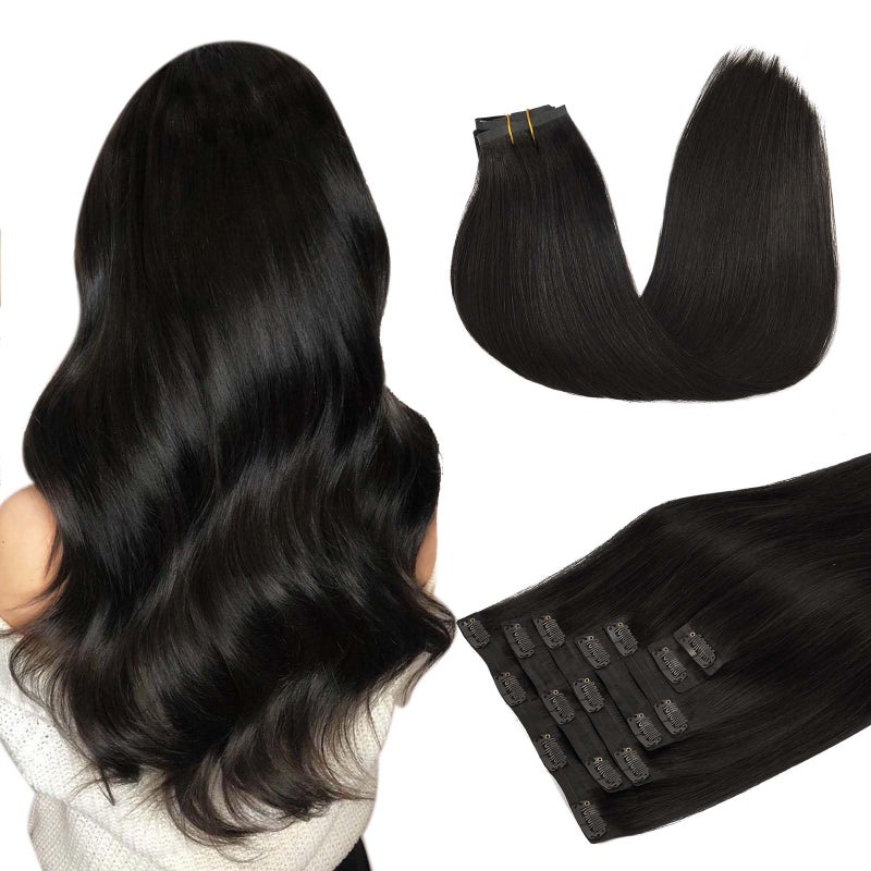 DOORES Hair Extensions Seamless Clip in Human Hair, Natural Black 18 Inch 110g 7pcs, Clip in Extensions Remy Straight Invisi Edge Weft - Image 1