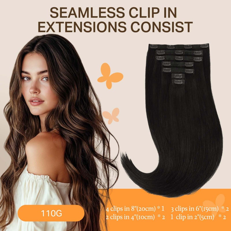 DOORES Hair Extensions Seamless Clip in Human Hair, Natural Black 18 Inch 110g 7pcs, Clip in Extensions Remy Straight Invisi Edge Weft - Image 2