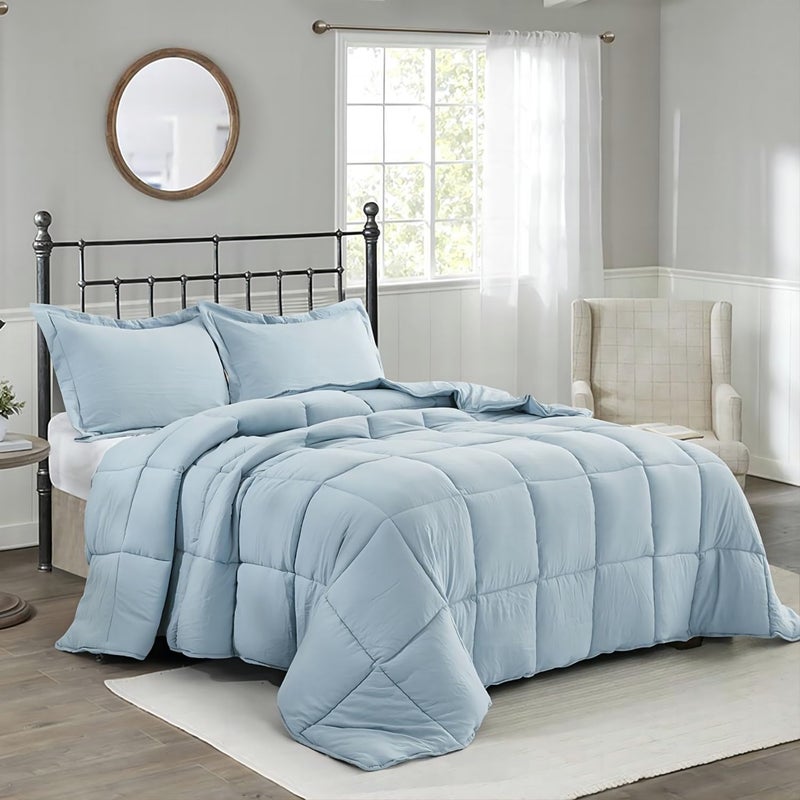 HIG Pre Washed Down Alternative Comforter Set Twin Reversible Chic Quilt Design Box Stitched with 4 Corner Tabs Lightweight for All Season Blue Duvet Comforter with 2 Pillow Shams
