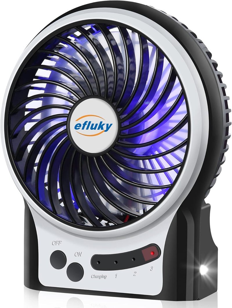 efluky مروحة مكتب صغيرة 4.9 بوصة - 3 سرعات، بطارية قابلة للشحن/مدعومة من USB مع ضوء LED، مروحة محمولة هادئة للمنزل، المكتب، السفر، التخييم (أسود) - Image 1