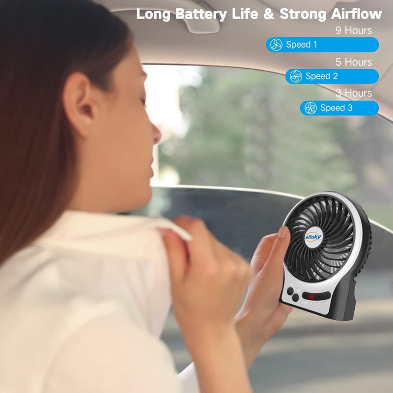 efluky مروحة مكتب صغيرة 4.9 بوصة - 3 سرعات، بطارية قابلة للشحن/مدعومة من USB مع ضوء LED، مروحة محمولة هادئة للمنزل، المكتب، السفر، التخييم (أسود) - Image 5