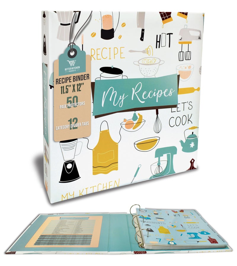 Better Kitchen Products Recipe Binder, Full Page 3 Ring Standard Binder Organizer Set (with 50 Page Protectors & 12 Category Divider Tabs) 11.5" x 12" Vintage Kitchen Design - Image 1