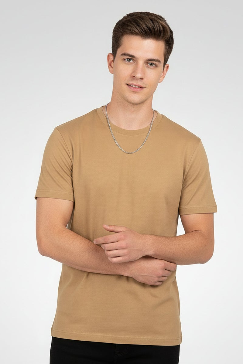 Celio Men Crew Neck Short Sleeve Plain T-Shirt, Tan - Image 1
