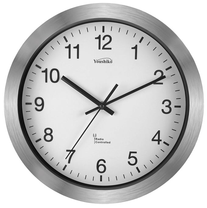 RADIO CONTROLLED WALL CLOCK OFFICIAL UK IRELAND VERSION PREMIUM QUALITY SILVER ALUMINIUM CASE 30CM 12INCH DIAMETER HOMEKITCHENOFFICESCHOOL CLOCK EASY TO READ