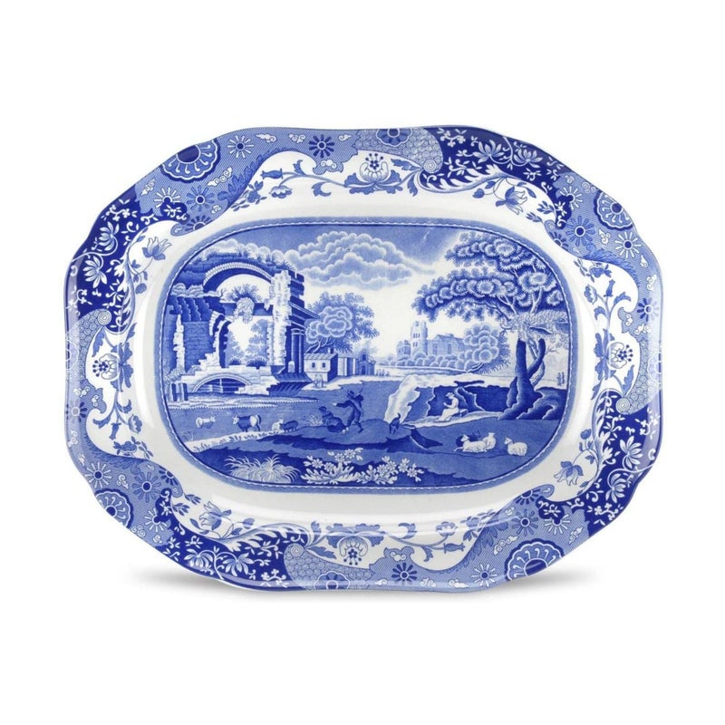 Spode Blue Italian Medium Oval Platter - 14-Inch Porcelain Serving Platter with Intricate Scroll Border & Countryside Scene - Elegant Tableware for Entertaining, Dining Displays, Gifting, Collecting - Image 1
