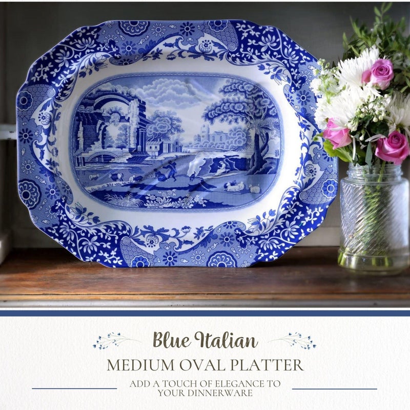 Spode Blue Italian Medium Oval Platter - 14-Inch Porcelain Serving Platter with Intricate Scroll Border & Countryside Scene - Elegant Tableware for Entertaining, Dining Displays, Gifting, Collecting - Image 2