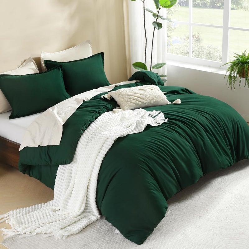 Litanika Litanika Dark Emerald Green Queen Comforter Set  3 Pieces Solid Forest Bedding Set  All Season Fluffy Bed Set (90x90In Comforter & 2 Pillowcases)  - Image 1