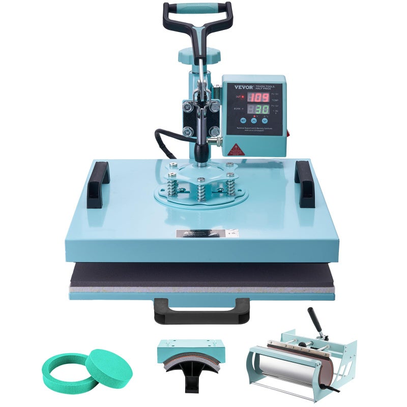 VEVOR Heat Press 15x15 inch 5 in 1 TShirt Cap Hat Mug Press Combo Tumbler Heat Press for plate Sublimation Green