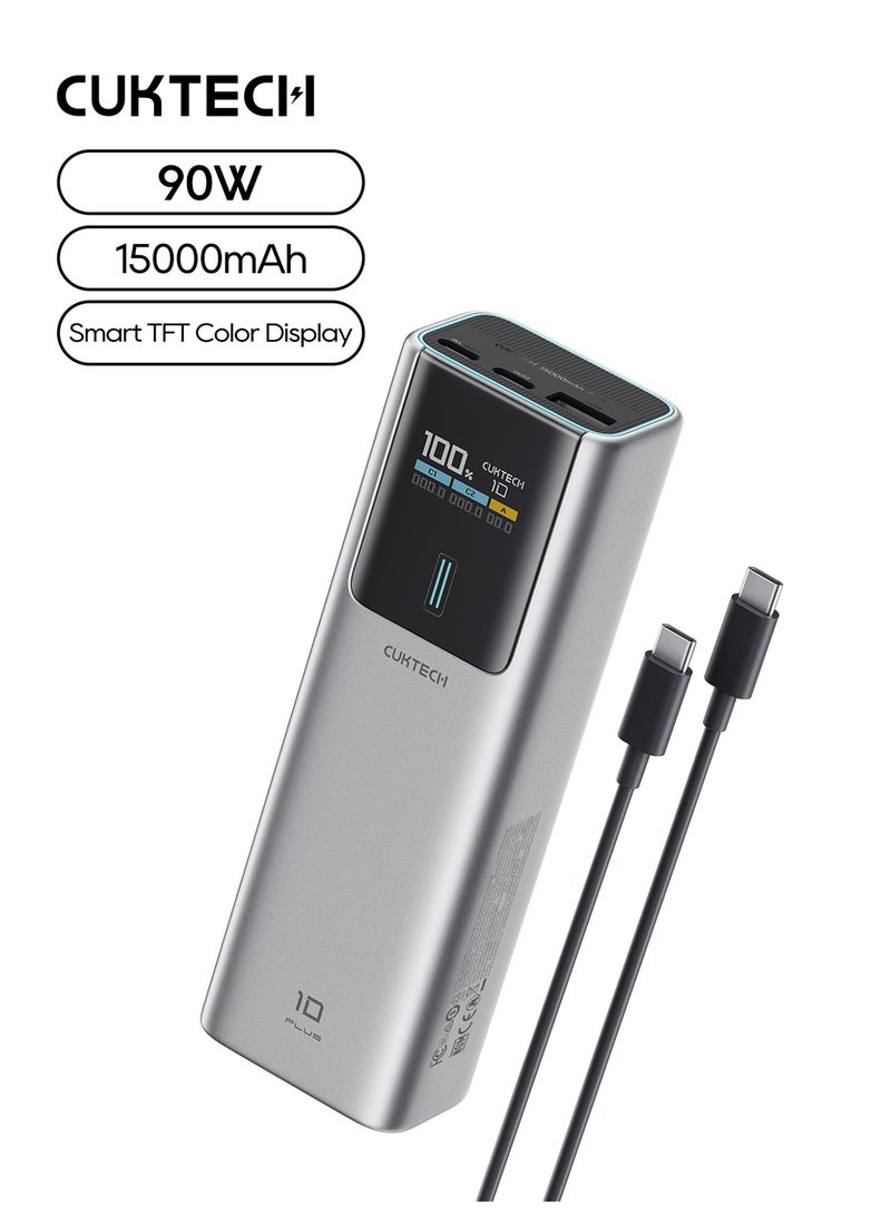 CUKTECH 10Plus Power Bank, 15000mAh Portable Charger 90W MAX External Battery Fast Charging Pack With TFT Color Display For Laptops, MacBook Air, iPhone, Samsung & iPad - Grey - Image 1