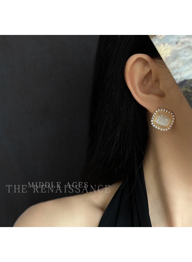 【Cymanth's Poem】Square Cat's Eye Studs with Diamond Accents | Daily Vintage Elegance - Image 1