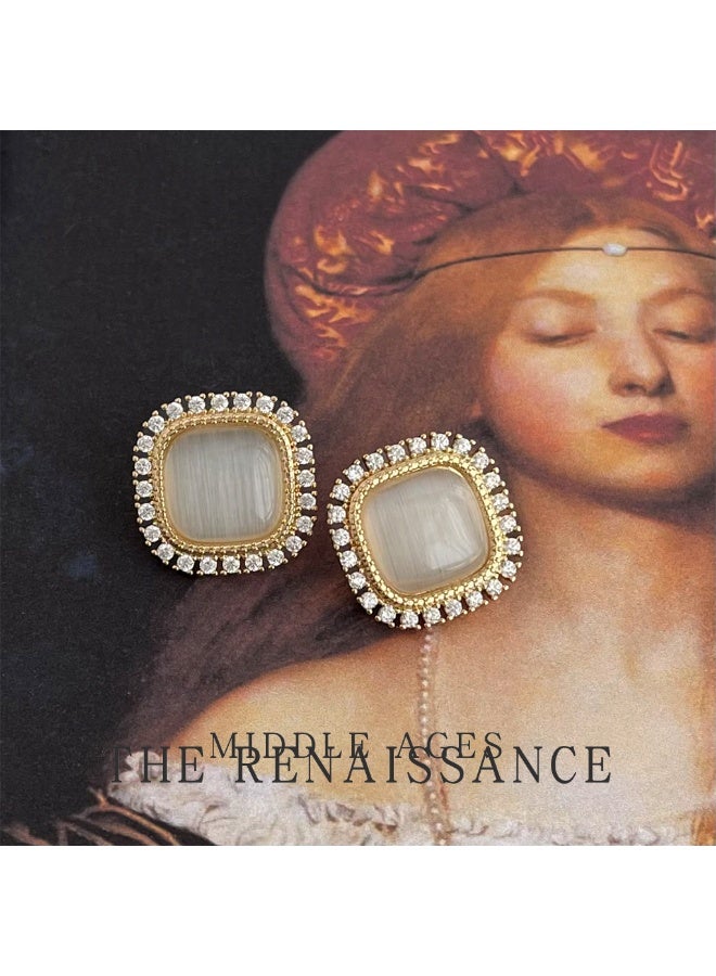 【Cymanth's Poem】Square Cat's Eye Studs with Diamond Accents | Daily Vintage Elegance - Image 2