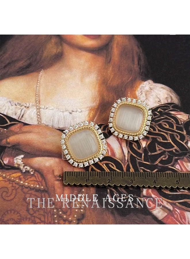 【Cymanth's Poem】Square Cat's Eye Studs with Diamond Accents | Daily Vintage Elegance - Image 3