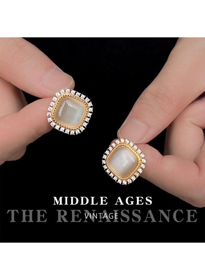 【Cymanth's Poem】Square Cat's Eye Studs with Diamond Accents | Daily Vintage Elegance - Image 4