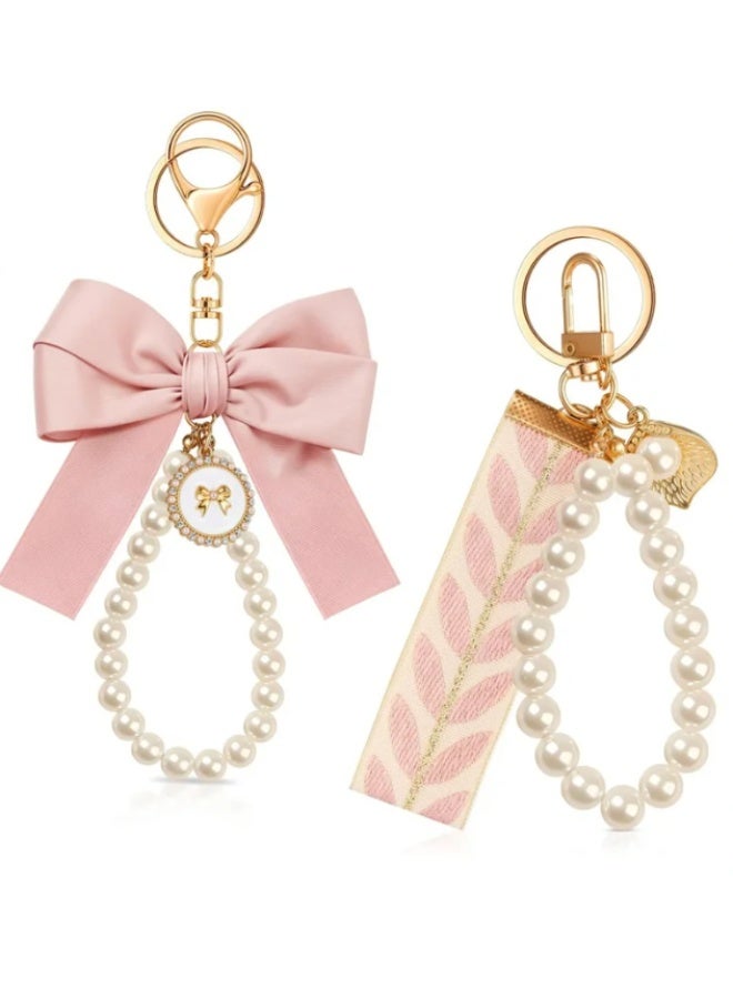 2Pcs Pink Bow Keychain for Women, Pearl Wristlet Keyring, Car Keys Handbag Purse Pendant, Cute Bag Charm Accessory, Elegant Key Holder for Purse, Handbag, Backpack, Ideal Gift for Girls (Light Pink) - Image 1