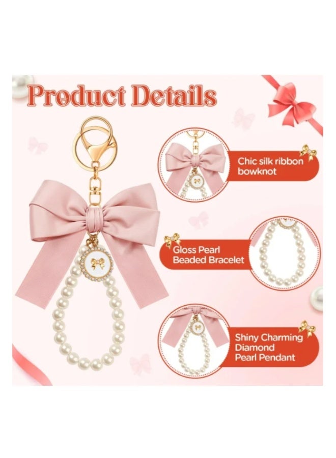 2Pcs Pink Bow Keychain for Women, Pearl Wristlet Keyring, Car Keys Handbag Purse Pendant, Cute Bag Charm Accessory, Elegant Key Holder for Purse, Handbag, Backpack, Ideal Gift for Girls (Light Pink) - Image 3