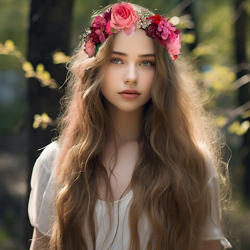 Vivivalue Boho Flower Crown Girl Flower Headband Hair Wreath Floral Headpiece Halo with Ribbon Wedding Party Festival Photos - Image 2