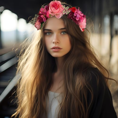 Vivivalue Boho Flower Crown Girl Flower Headband Hair Wreath Floral Headpiece Halo with Ribbon Wedding Party Festival Photos - Image 4