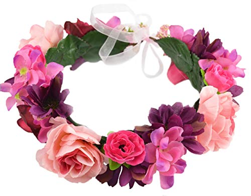 Vivivalue Boho Flower Crown Girl Flower Headband Hair Wreath Floral Headpiece Halo with Ribbon Wedding Party Festival Photos - Image 1