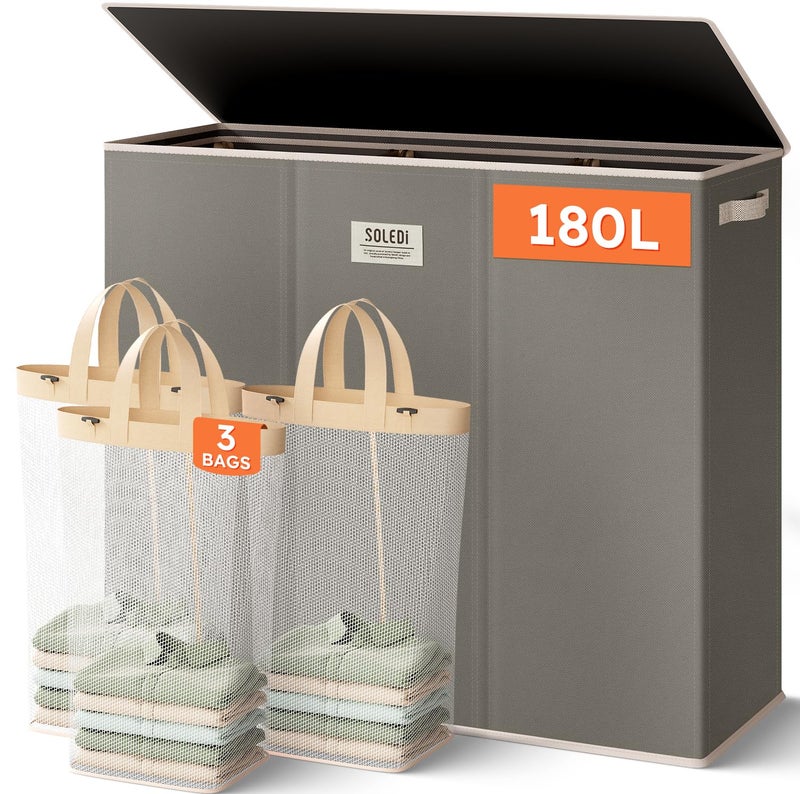 SOLEDI 180L 3-Section Laundry Hamper with Lid, Extra Large Dirty Clothes Basket with Sturdy Handles for Laundry Room & Bedroom - Durable Organizer for Sorting Laundry - Image 1
