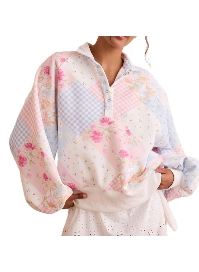 Mieeyali Women Oversized Floral Patchwork Sweatshirt Y2k Button Balloon Sleeve Pullover Top Aesthetic Going Out Sweatshirts, Pink, M - Image 1