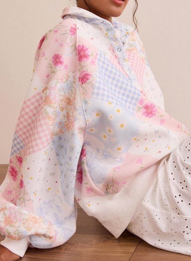 Mieeyali Women Oversized Floral Patchwork Sweatshirt Y2k Button Balloon Sleeve Pullover Top Aesthetic Going Out Sweatshirts, Pink, M - Image 3