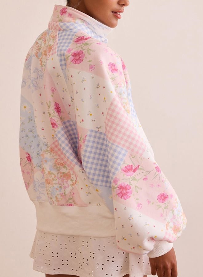 Mieeyali Women Oversized Floral Patchwork Sweatshirt Y2k Button Balloon Sleeve Pullover Top Aesthetic Going Out Sweatshirts, Pink, M - Image 2