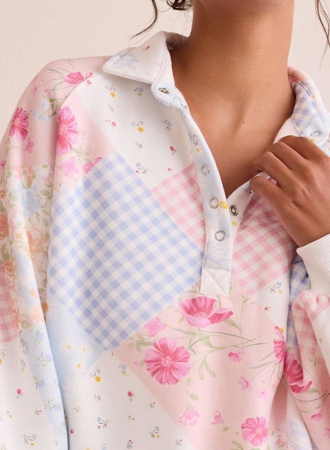 Mieeyali Women Oversized Floral Patchwork Sweatshirt Y2k Button Balloon Sleeve Pullover Top Aesthetic Going Out Sweatshirts, Pink, M - Image 4