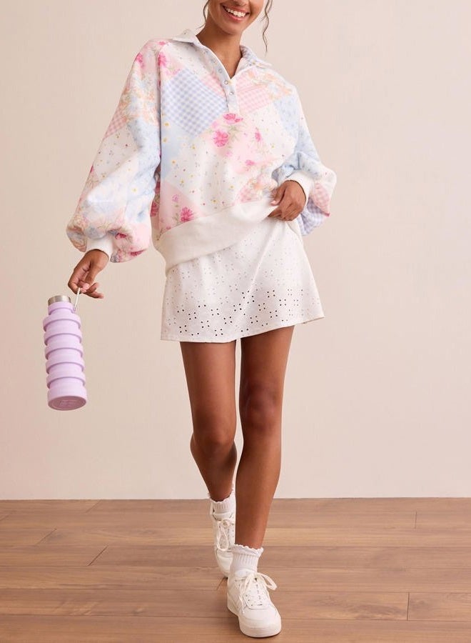 Mieeyali Women Oversized Floral Patchwork Sweatshirt Y2k Button Balloon Sleeve Pullover Top Aesthetic Going Out Sweatshirts, Pink, M - Image 5