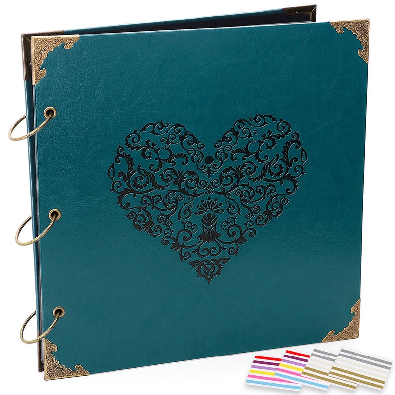 ADVcer Photo Album DIY Scrapbook, 10x10 inch 50 Pages Vintage Leather Cover Three-Ring Binder Love Picture Booth Albums with 408pcs Self Adhesive Photos Corners for Memory Keep, Heart (Jasper Green) - Image 1