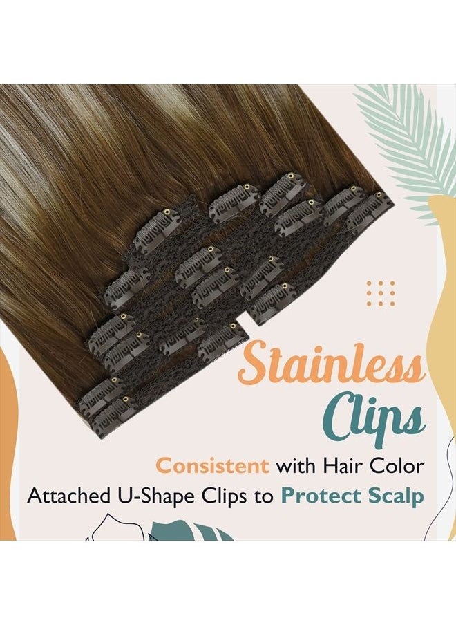 Ve Sunny Sunny Clip on Hair Extensions Brown Balayage Invisible Clip in Hair Extensions Real Human Hair Ombre Meidum Brown to Platinum Blonde Clip in Human Hair Extensions Sturdy and Secure 7pcs/120g 18inch  - Image 4