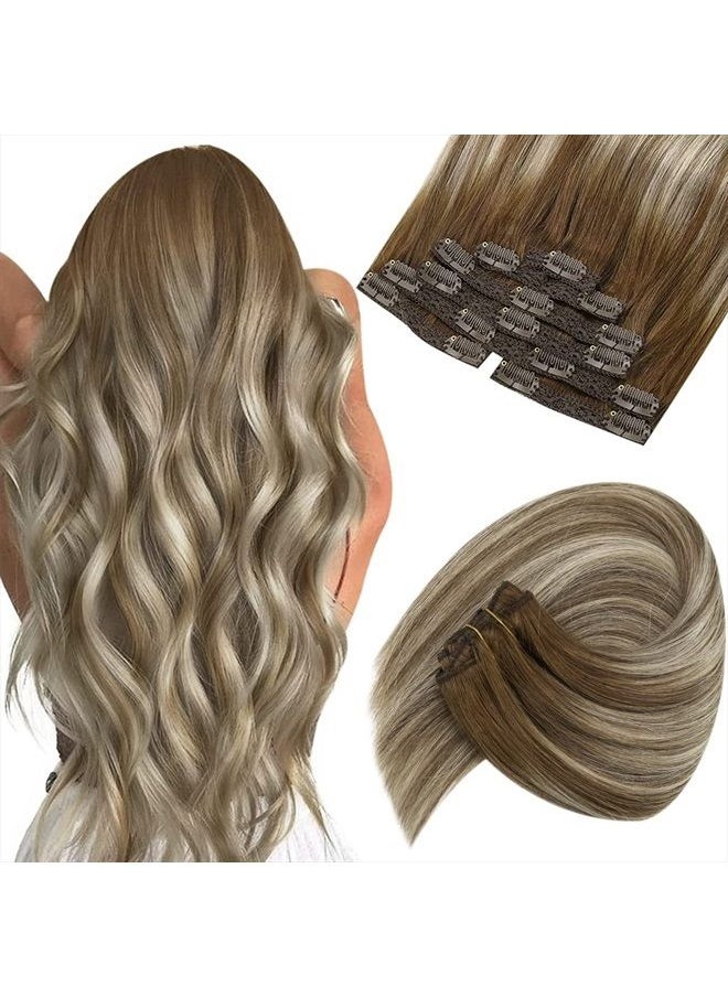 Ve Sunny Sunny Clip on Hair Extensions Brown Balayage Invisible Clip in Hair Extensions Real Human Hair Ombre Meidum Brown to Platinum Blonde Clip in Human Hair Extensions Sturdy and Secure 7pcs/120g 18inch  - Image 1