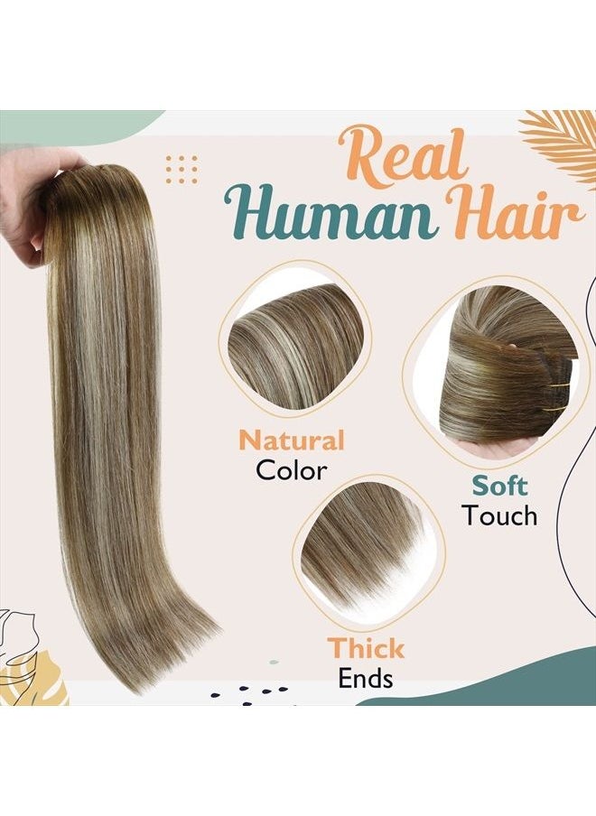 Ve Sunny Sunny Clip on Hair Extensions Brown Balayage Invisible Clip in Hair Extensions Real Human Hair Ombre Meidum Brown to Platinum Blonde Clip in Human Hair Extensions Sturdy and Secure 7pcs/120g 18inch  - Image 3