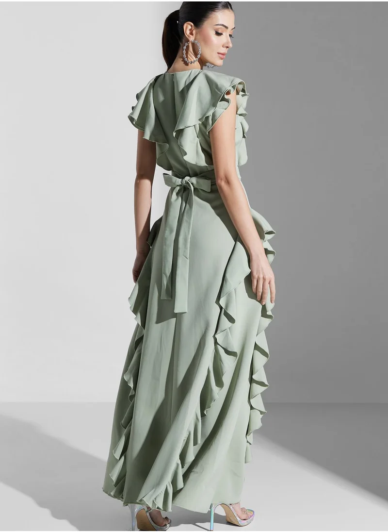 Iyra Frill Sleeve Waterfall Trim Dress