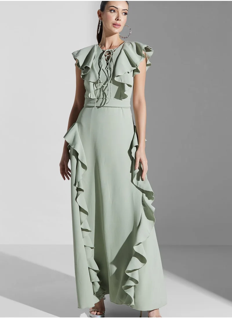 Iyra Frill Sleeve Waterfall Trim Dress