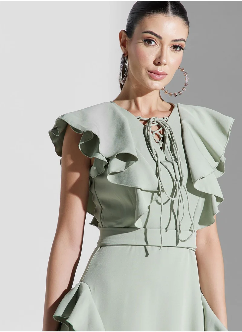 Iyra Frill Sleeve Waterfall Trim Dress