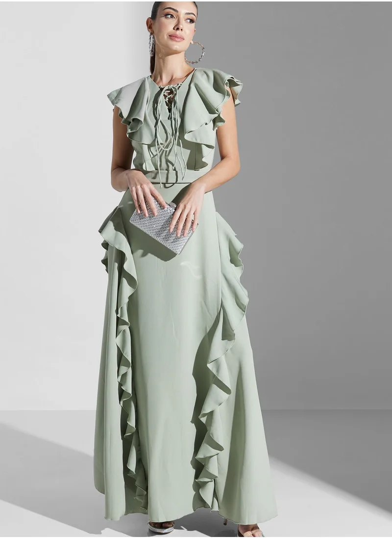 Iyra Frill Sleeve Waterfall Trim Dress