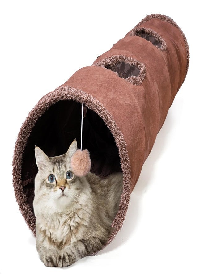 ZENFUN 51"x 12" Collasiple Cat Play Tunnel, Cats Tubes and Tunnels, Cat Foldable Hide and Seek Tunnel Toy, Brown Suede Pet Tube Toy for Rabbits, Ferrets, Puppy, Diameter 12 Inch - Image 1