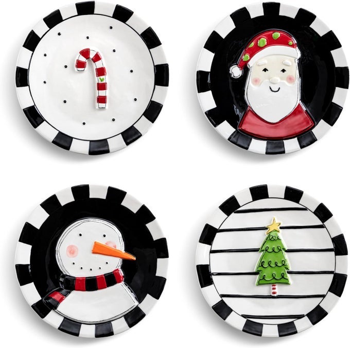 HEARTFUL HOME HOLIDAY BLACK WHITE STRIPED 65 INCH CERAMIC STONEWARE CHRISTMAS TABLETOP DCOR ROUND APPETIZER SERVING DISH PLATE SET OF 4 SNOWMAN SANTA TREE CANDY CANE