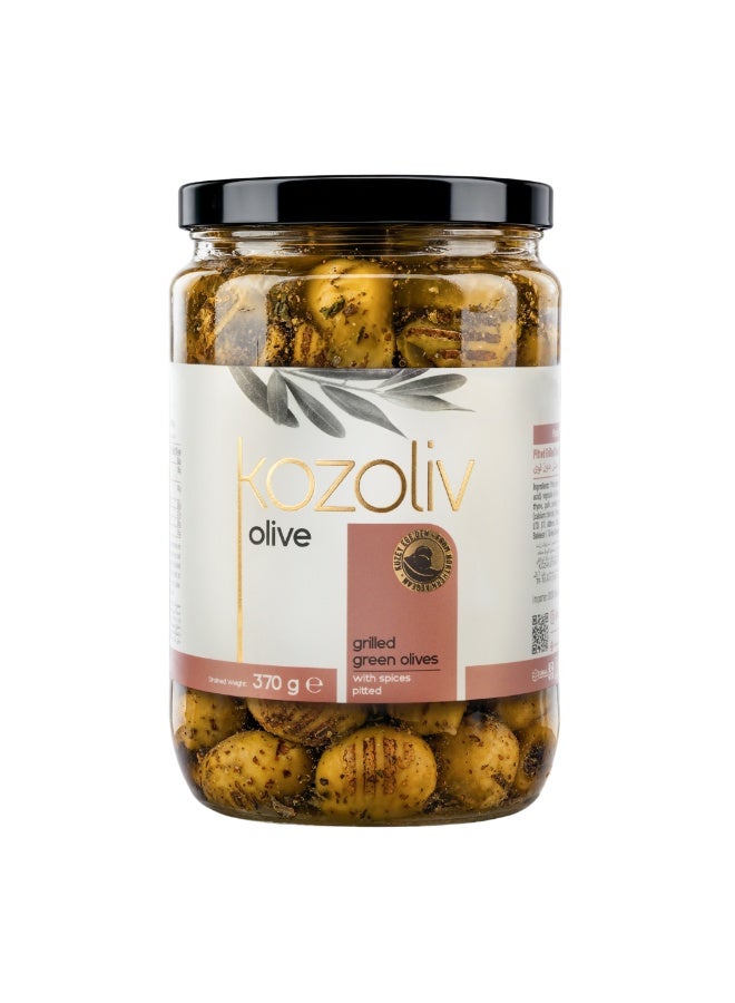 Kozoliv Premium Turkish Pitted Grilled Green Olives in Brine 370g– Smoky Mediterranean Flavor, Ready to Eat - Image 1