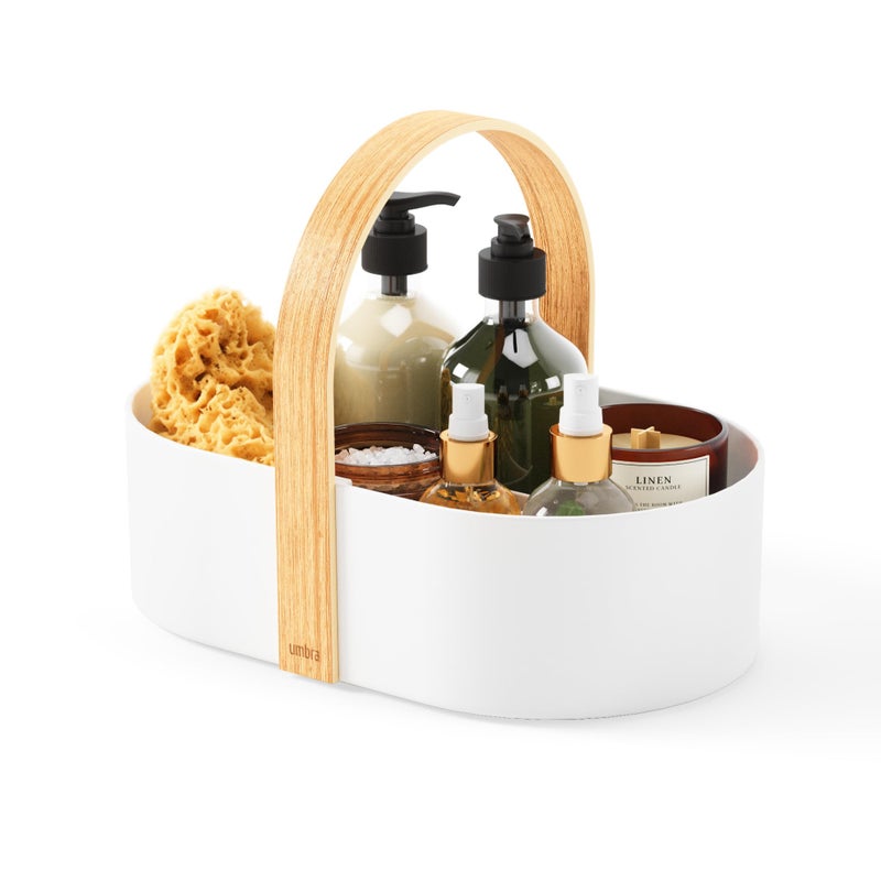 امبرا UMBRA Bellwood Multipurpose Caddy Organizer مع مقبض مكياج المكياج مسكن Caddy Kitchen Cabinet Organizer طبيعي/أبيض - Image 1