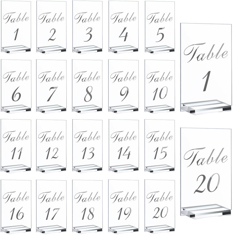 Yulejo 20 Pieces Wedding Table Numbers Acrylic Table Number Holder Wedding Numbers 4 x 6 Inches Clear Acrylic Table Numbers with 20 Pieces Display Stand Table Number Signs for Wedding Reception (1-20 Print) - Image 1