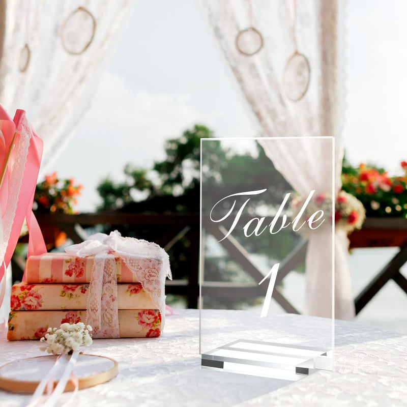 Yulejo 20 Pieces Wedding Table Numbers Acrylic Table Number Holder Wedding Numbers 4 x 6 Inches Clear Acrylic Table Numbers with 20 Pieces Display Stand Table Number Signs for Wedding Reception (1-20 Print) - Image 5